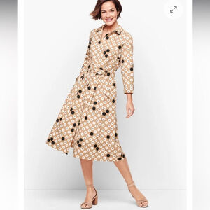 Talbots Women’s Size 4 Beige White Floral Poplin Dress Midi Dots Tie Waist